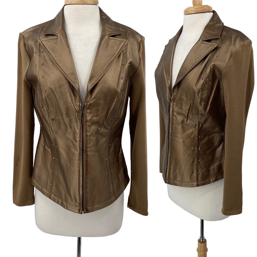 Vintage Leather Jacket Metallic Bronze Zip Front Mixed Media Rib Knit Sleeves 8